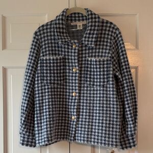 NWT MAX STUDIO CHECKED BUTTON UP LADY JACKET COLLAR BLUE GOLD FUZZY WARM OFFICE